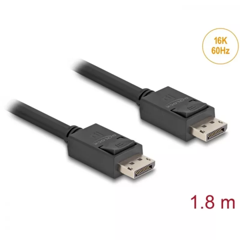 Cabo DisplayPort Delock - DisplayPort (macho) com bloqueio para DisplayPort (macho) com bloqueio - DisplayPort 2.1 - 1,8 m - Suporta 16K 60 Hz (15.360 x 8640), até 80 Gbps de transferência de dados