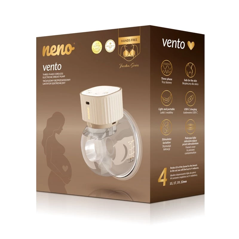 Bomba tira-leite eletrónica sem fios neno VENTO Three-Phase, recarregável, portátil, ecrã LCD, biberão de 150 ml, sem BPA, bege