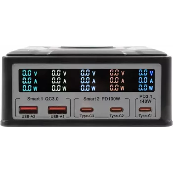 Carregador multiportas Exsys EX-1107 260W, preto, Power Delivery multiportas para vários dispositivos