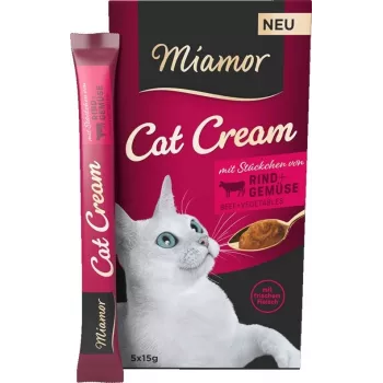 Snack húmido para gatos Miamor MIAMOR Cat Cream vaca 5×15 g — tubos de pasta, 6×15 g, gatos adultos, humidade 87 %