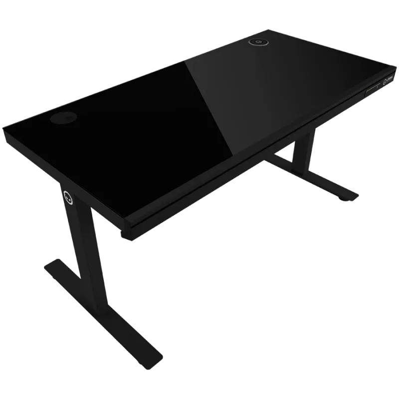 Secretária gaming de altura ajustável com dois motores, função sentado/em pé, carregador sem fios, iluminação RGB, painel de controlo e portas USB, tampo em vidro temperado, preto