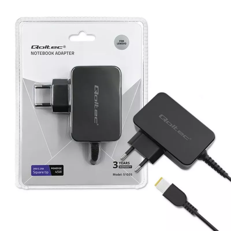 Qoltec 51035 adaptador de alimentação para Lenovo 45 W, 20 V 2,25 A, Slim tip+pin, para interior, preto