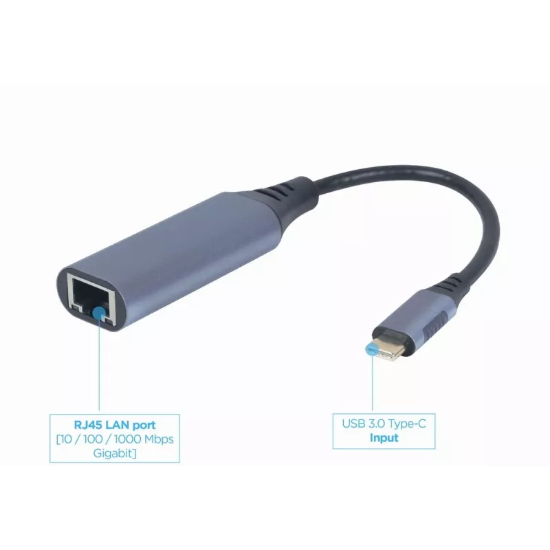 Adaptador de rede Gembird A-USB3C-LAN-01 Type-C USB 3.2 Gen 1, Gigabit RJ-45, cabo de 0,15 m, caixa metálica, cinzento/preto