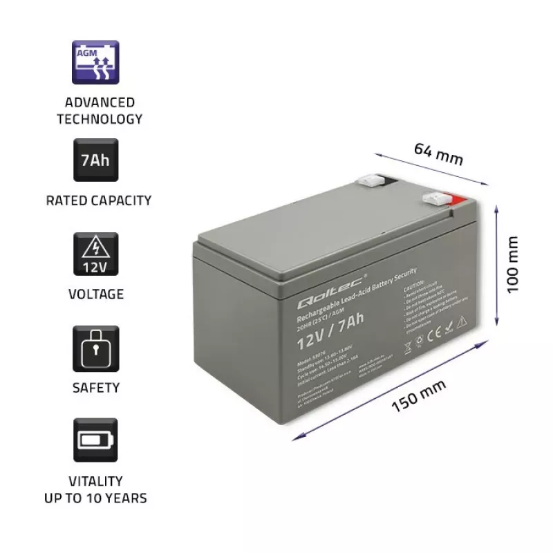 Bateria AGM Qoltec 53076 | 12V | 7Ah | segurança