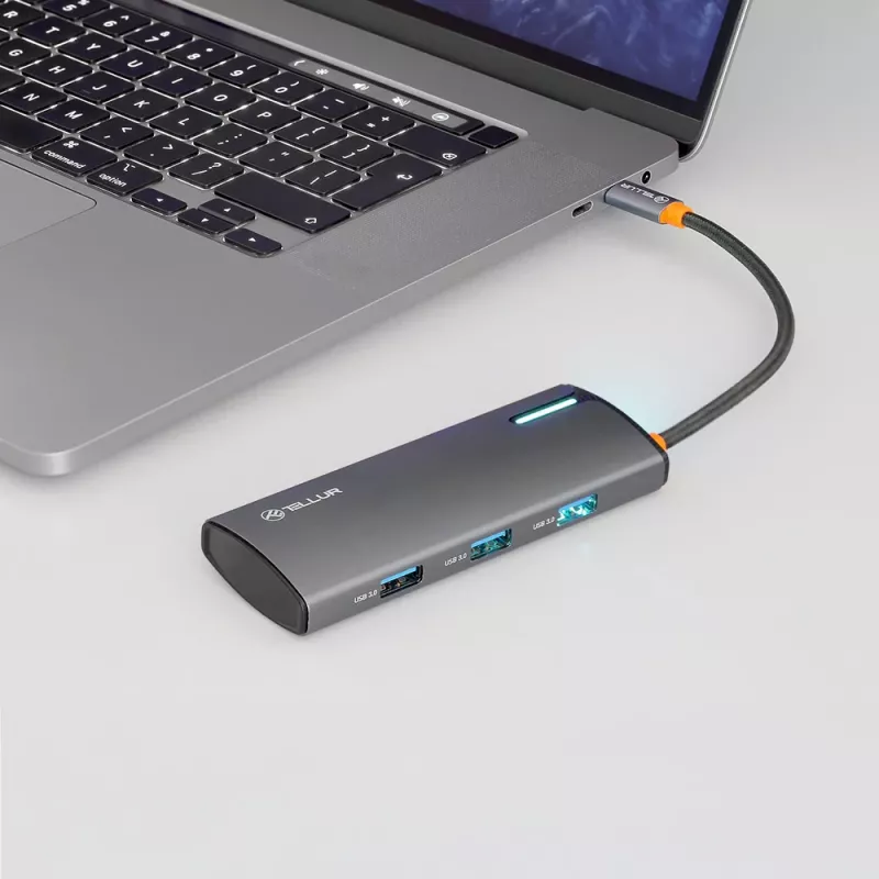 Hub USB-C Tellur TLL321061 com PD 3.0 100W, saída HDMI e 3× portas USB 3.0