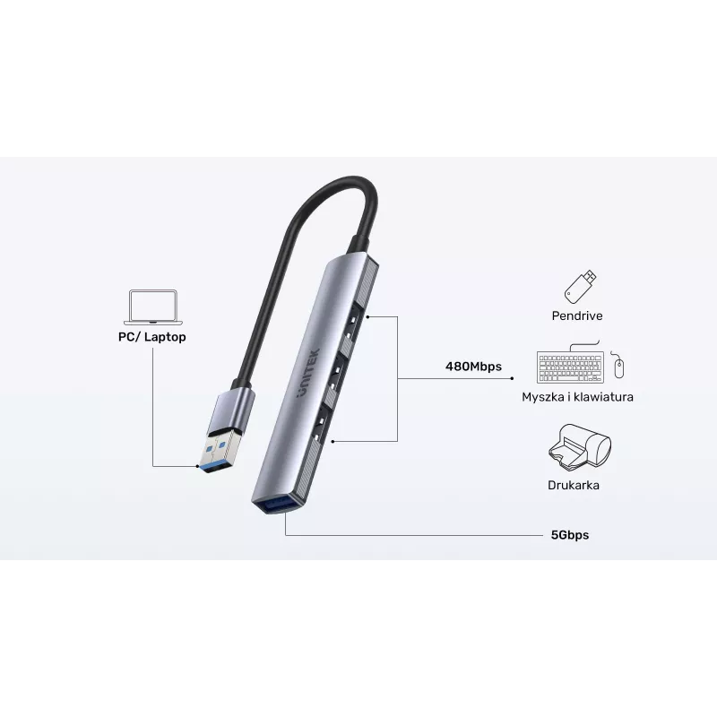 Unitek H1208A hub USB-A, 4 portas (1x USB-A 5 Gbps, 3x USB-A 2.0), alumínio, prateado
