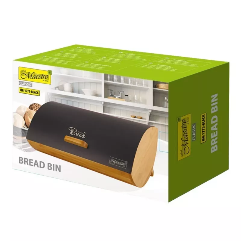 Caixa de pão Maestro MR-1775-BLACK preta, madeira bambu, metal