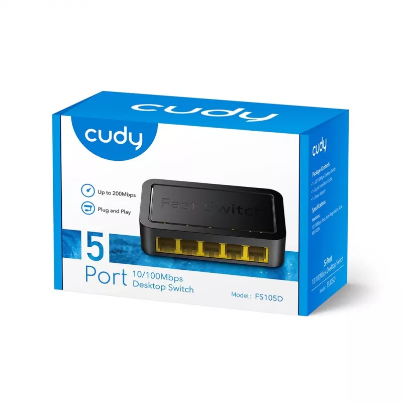 Switch de rede Cudy FS105D — 5 portas Fast Ethernet 10/100, comutação 1 Gbit/s, preto