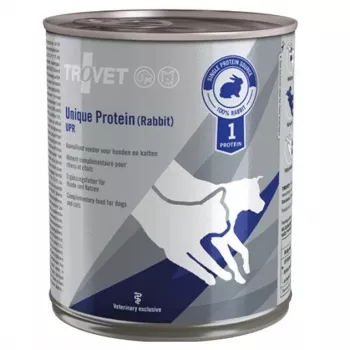 Comida húmida TROVET Unique Protein UPR Rabbit 800 g — comida húmida à base de coelho para gatos e cães adultos, fórmula hipoalergénica, sem glúten e sem soja