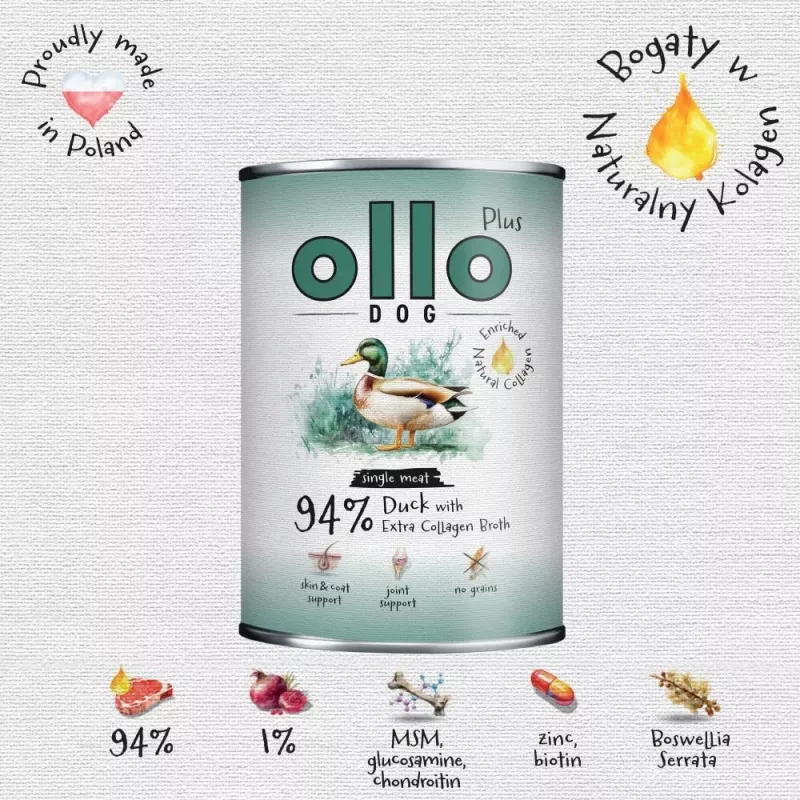 Ollo Plus Colagénio Pato 400g Lata de comida para cães
