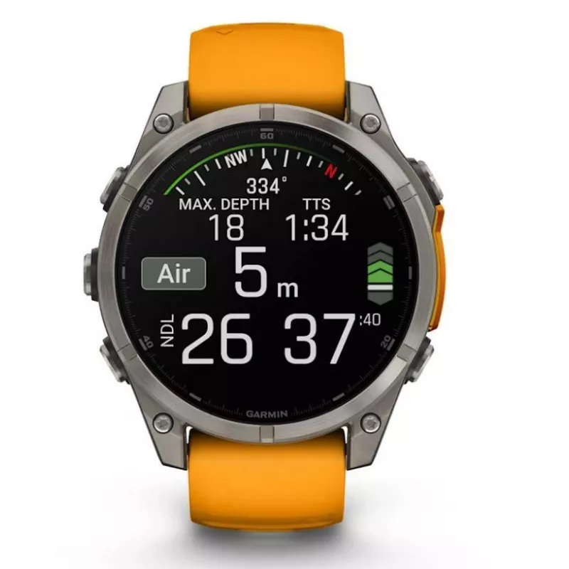 Garmin fenix 8 AMOLED Sapphire 51 mm relógio inteligente GPS, ecrã tátil de 3,56 cm (1,4") 454 x 454, Wi-Fi, bracelete de silicone Spark Orange/Graphite, titânio