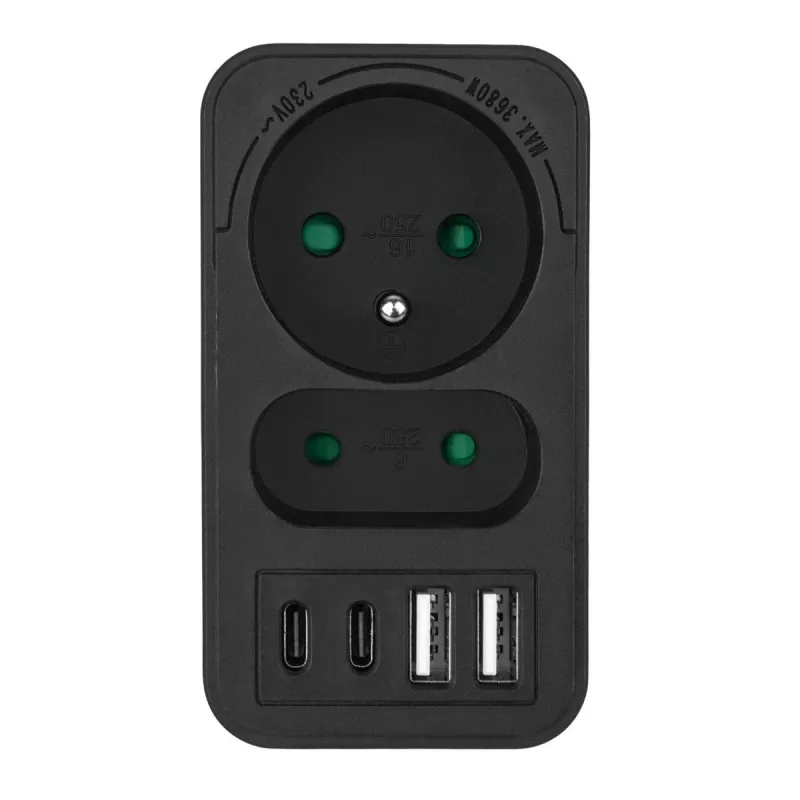 Power Splitter MACLEAN MCE249 F/B – 2 tomadas AC (16A + 6A) com 2×USB-A e 2×USB-C PD 20W, ficha EU, preto