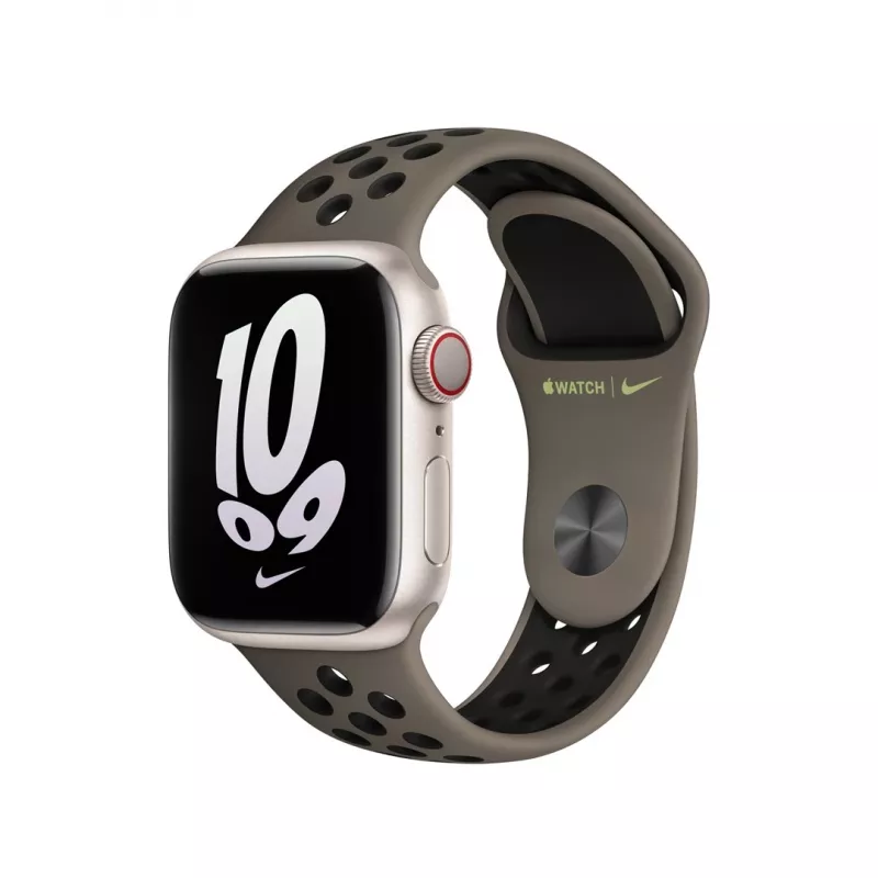 Pulseira para Apple Smartwatch, 41 mm Olive Grey/Black Nike Sport Band, fluoroelastómero, pulso 130–200 mm