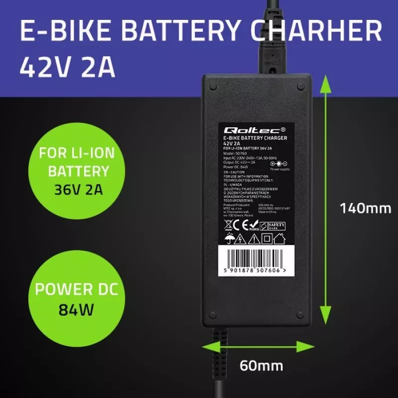 Carregador Qoltec 50761 para baterias de e-bike 36V | 42V | 2A | 5,5*2,5