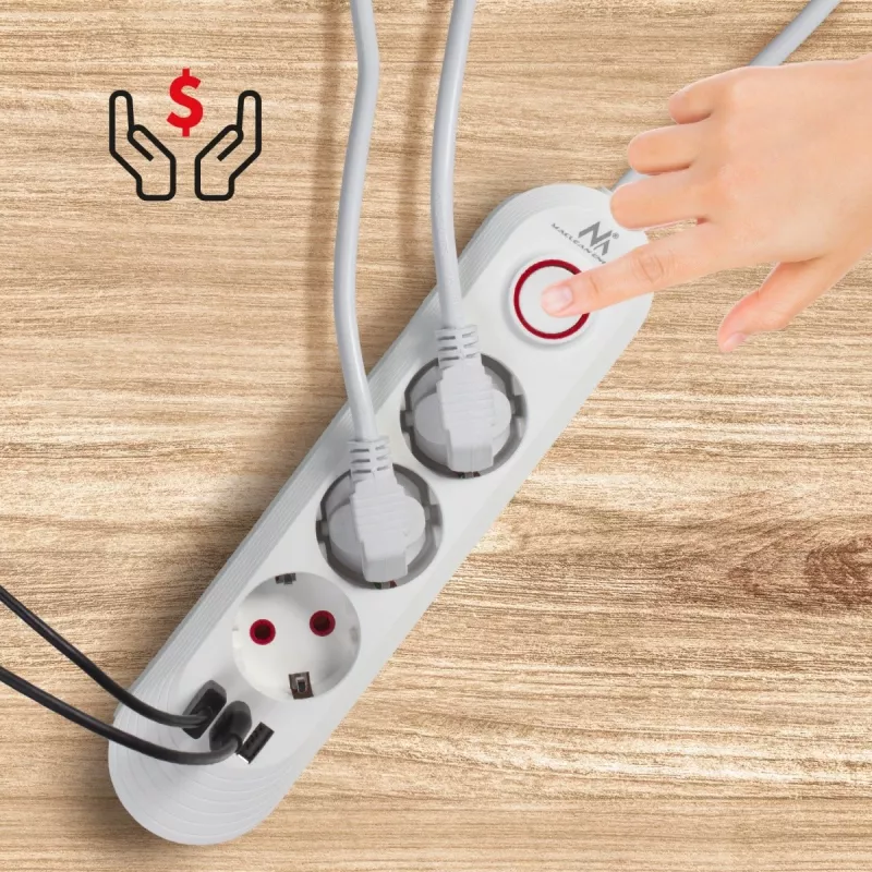 Extensão elétrica MACLEAN MCE394W — 3 tomadas, 3×USB 2,1A, 110–240V AC, 2500W, cabo de 1,5 m, branco