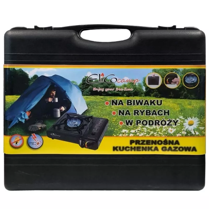 Fogão de campismo portátil a gás ELICO BDZ-155B para cartuchos de 2,2 kW, acendimento piezoelétrico.