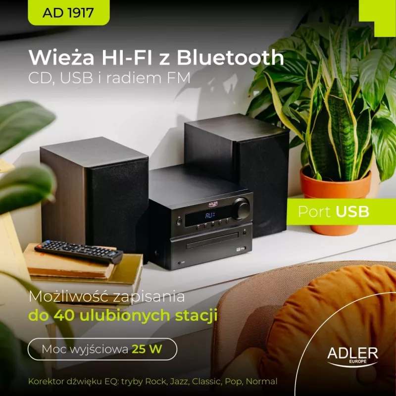 Mini sistema de alta fidelidade estéreo Adler AD 1917 — Bluetooth V5.3, CD/USB/MP3, 2×25 W RMS, sintonizador FM, equalizador de 4 bandas, AUX, preto