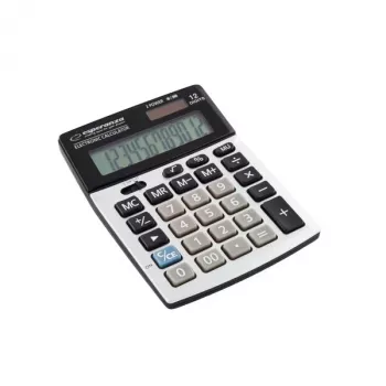 Calculadora de secretária ESPERANZA ECL102 — 12 dígitos, ecrã de 1 linha, a pilhas, ecrã inclinável, preto/cinzento
