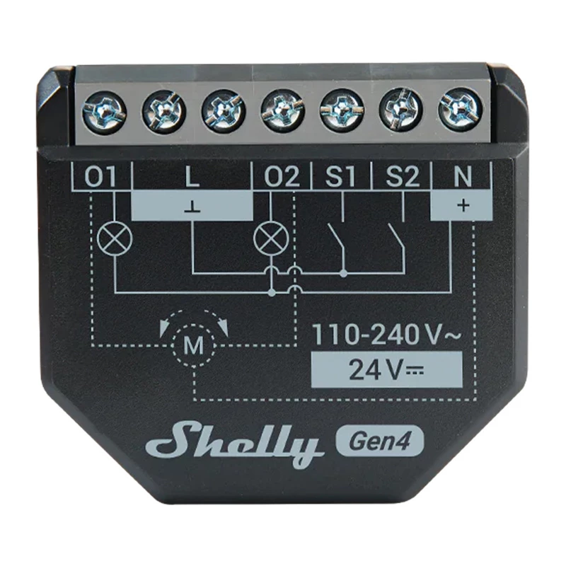 Atuador de estores/persianas Shelly 2PM Gen4 2 canais, AC 110–240V, 2,4 GHz Wi‑Fi, 1,4 W, 8000 KB Flash