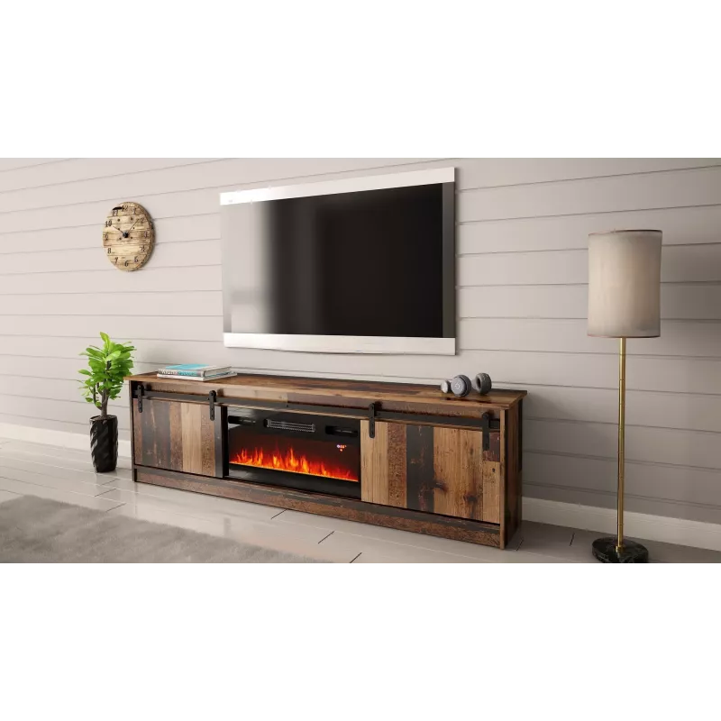 Móvel de TV Cama Meble GRANERO com móvel de lareira, 2000×567×350 mm, aglomerado/MDF, 2 portas de correr, mate, madeira envelhecida