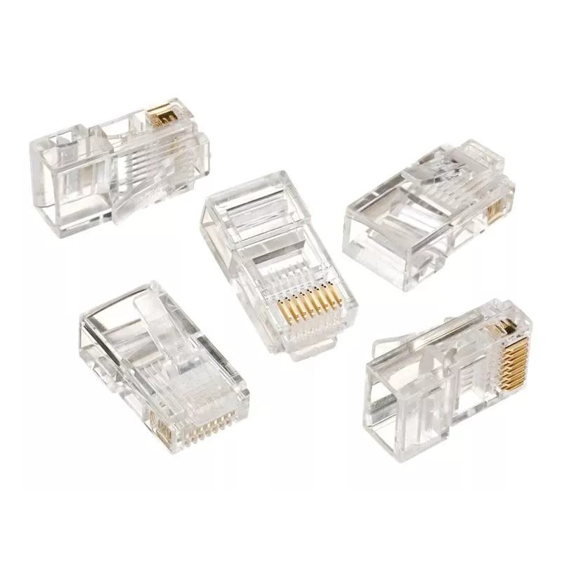 Ficha modular 8P8C para cabos LAN fixos CAT5, UTP, 10 unid. por saco | Ficha modular 8P8C RJ45, banhada a ouro 30µ”, contactos internos de 3 dentes para cabos LAN fixos