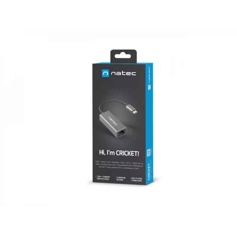 Natec Cricket NNC-1925 adaptador Ethernet de USB-C 3.1 Gen 1 para RJ45, 1000 Mbit/s, cabo de 15 cm, alumínio, cinzento