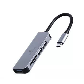 Dock para portátil Gembird UHB-CM-CRU3P1U2P2-01 — USB 3.2 Gen 1 Type-A, MicroSD/SD/SDHC/SDXC até 128 GB, Prateado
