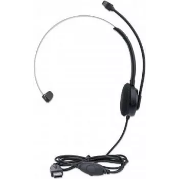 Headset Mono On-Ear Manhattan (USB), braço do microfone (acolchoado), embalagem caixa de venda, arco de cabeça ajustável, controlo de volume em linha, almofadas auriculares, USB-A para som e microfone, cabo 1,5 m, Três anos de garantia