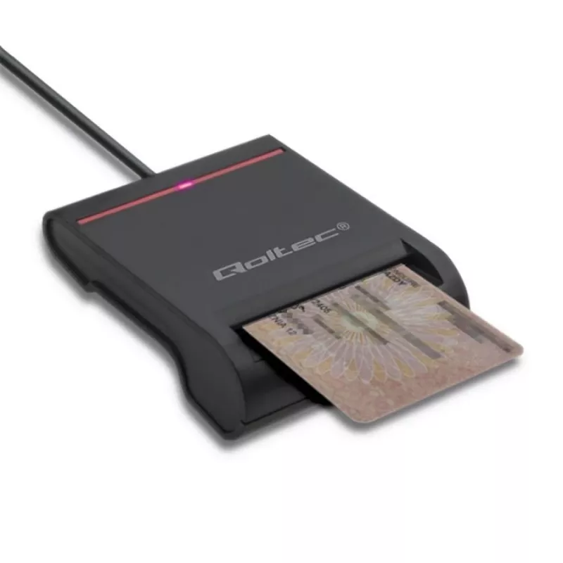 Leitor de cartões de ID QOLTEC Smart-Chip — USB, preto, 84,5×65×16 mm, 63 g