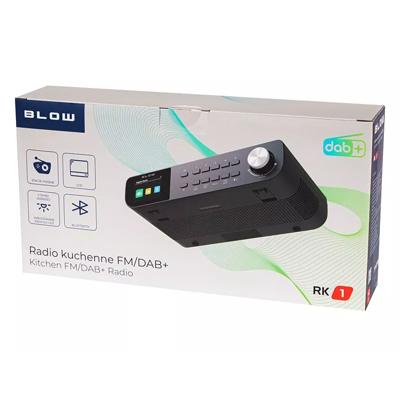 Rádio de cozinha portátil FM/DAB+ BLOW RK1 — compacto preto, a pilhas ou corrente