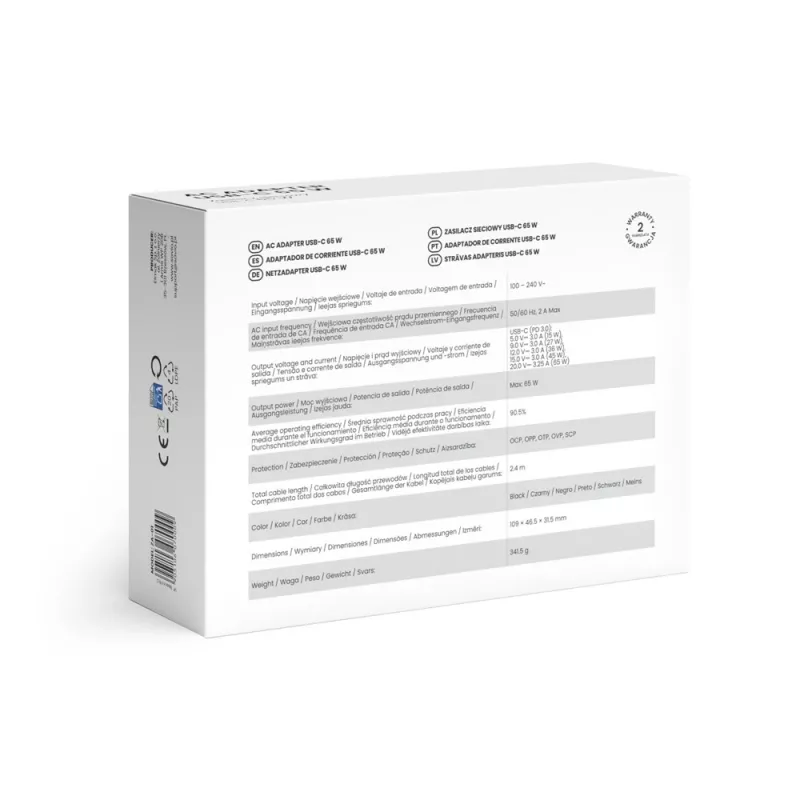 Carregador de CA para interiores SAVIO ZA-01, 65W USB-C PD 3.0, entrada 100–240V, conector único, preto