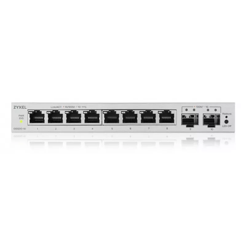 Switch gerido L2 Gigabit Zyxel GS1200-10v3 — 8x Gigabit (10/100/1000), 20 Gbps, MAC 4000, secretária, cinzento