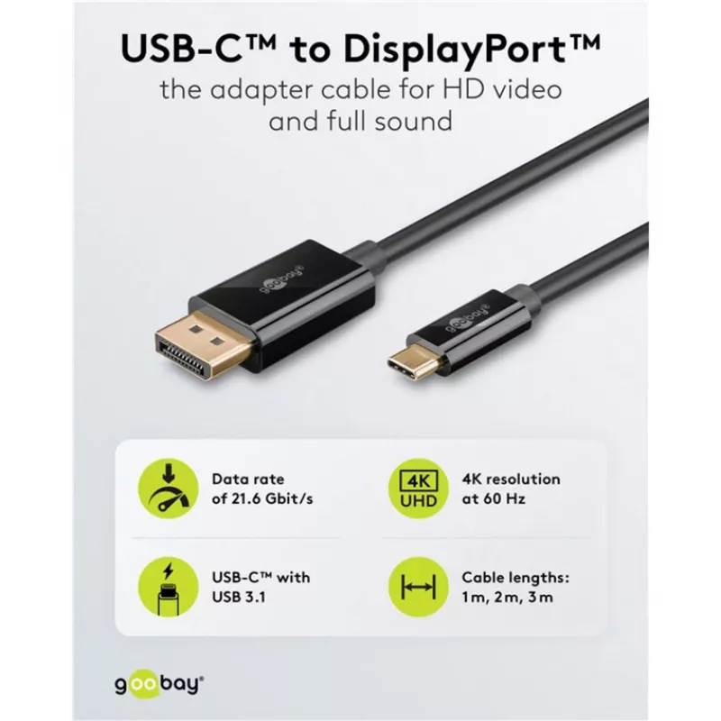 Goobay 75705 cabo de USB-C para DisplayPort, 4K 60 Hz, 2 m, 21,6 Gbit/s, preto