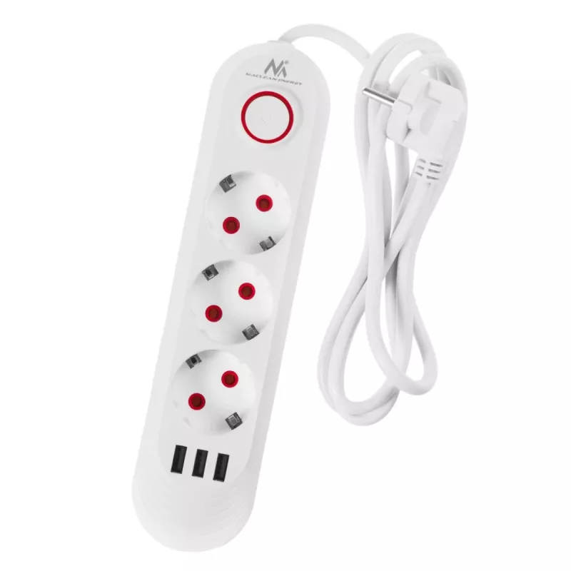 Extensão elétrica MACLEAN MCE394W — 3 tomadas, 3×USB 2,1A, 110–240V AC, 2500W, cabo de 1,5 m, branco