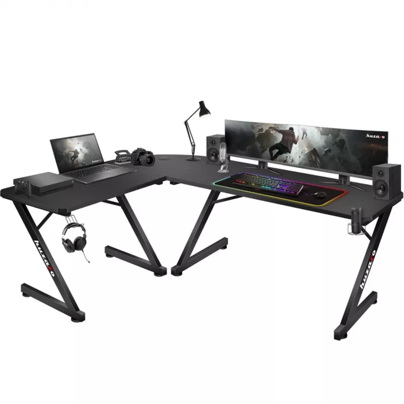 Huzaro Hero 7.0 secretária gaming de canto para computador, retangular, fibra de carbono, alumínio, 154×48×72,5 cm, preta
