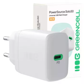 Fonte de alimentação Green Cell PowerSource Solo30 30W branca — carregador USB-C, 30 W de potência de saída