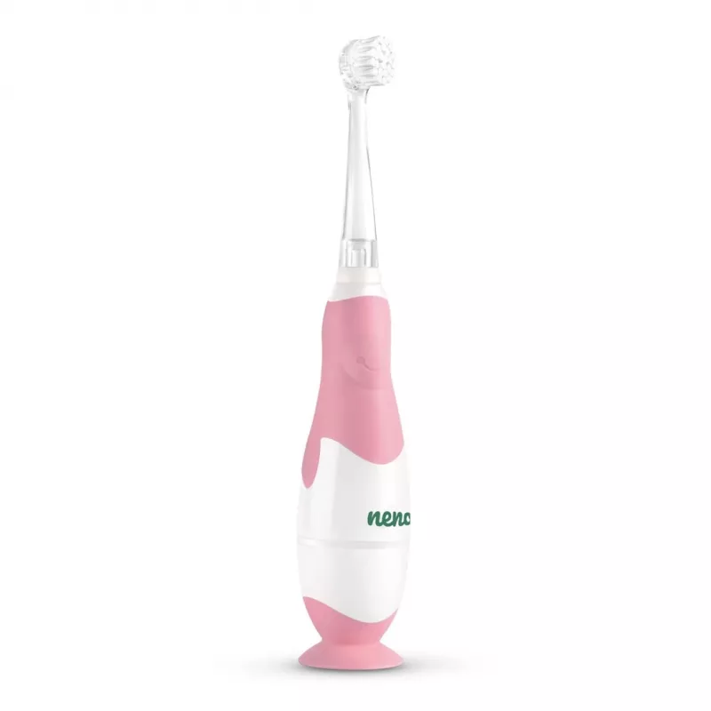 Escova de dentes elétrica neno Denti rosa para criança — vibratória, cerdas macias, pilha AAA, temporizador de 2 minutos
