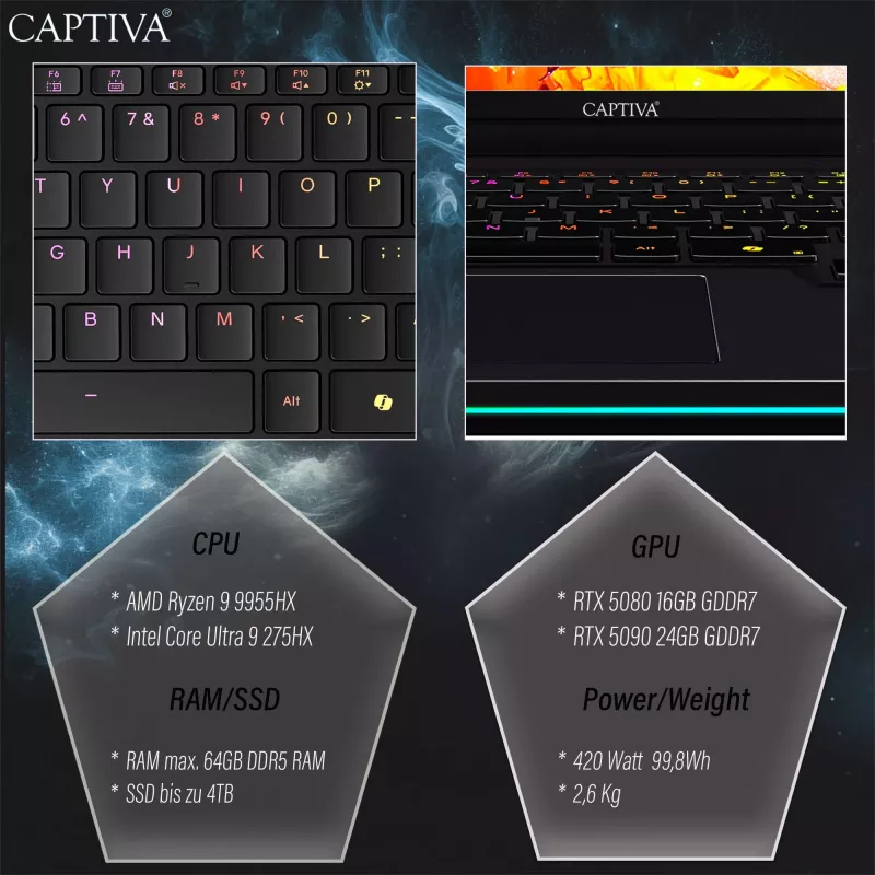 Captiva Highend Gaming I95-077GE Portátil gaming, 32GB, 1TB SSD, NVIDIA GeForce RTX 5080, Windows 11