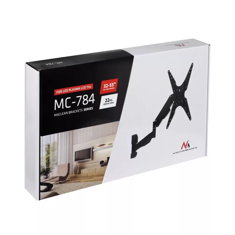 Suporte de TV com mola a gás MACLEAN MC-784 para televisores de 32–55 polegadas, inclinação e altura ajustáveis, carga máx. 21 kg, montagem na parede, preto
