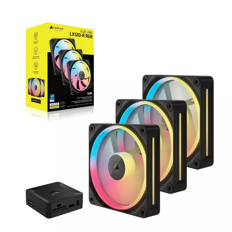 CORSAIR iCUE LINK LX120-R RGB ventoinhas de caixa de 120 mm, pás invertidas, PWM, pack de 3 (3 un.), pretas