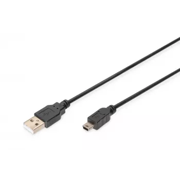 Cabo de ligação USB 2.0 Assmann/Digitus A-B, 480Mbit/s, USB A - USB mini B, ficha/ficha, 1,8m, Preto (AK-300130-018-S)