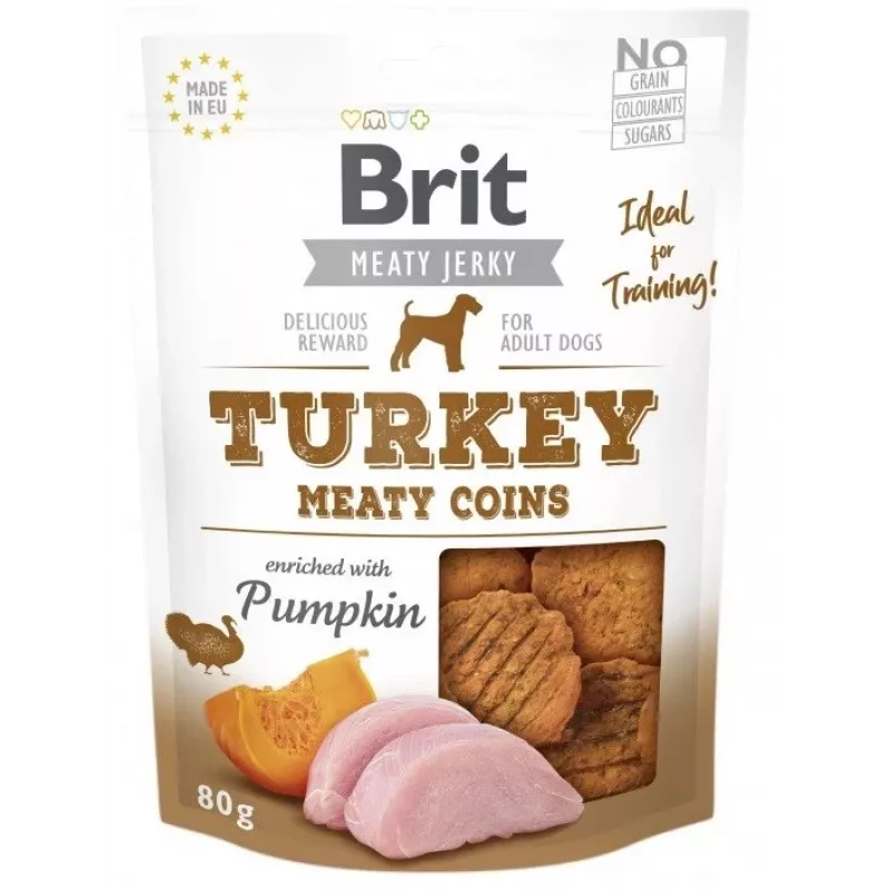 Brit Jerky Turkey Meaty Coins 200 g – snack funcional de treino para cães adultos, proteína 33%, gordura 22%