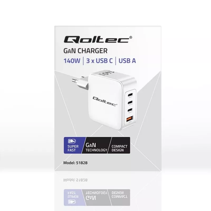 Carregador QOLTEC 51828 140W GaN 3×USB‑C PD + 1×USB‑A QC 3.0 – carregador rápido multiporta