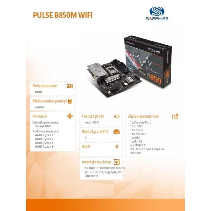 Motherboard Sapphire PULSE B850M WIFI — AMD B850 micro ATX, Socket AM5, DDR5 até 7600 MHz, 4 DIMM, 192 GB, Wi-Fi 6, 2.5GbE