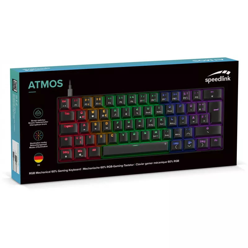 Teclado gaming mecânico Speedlink ATMOS RGB — layout compacto, retroiluminação RGB
