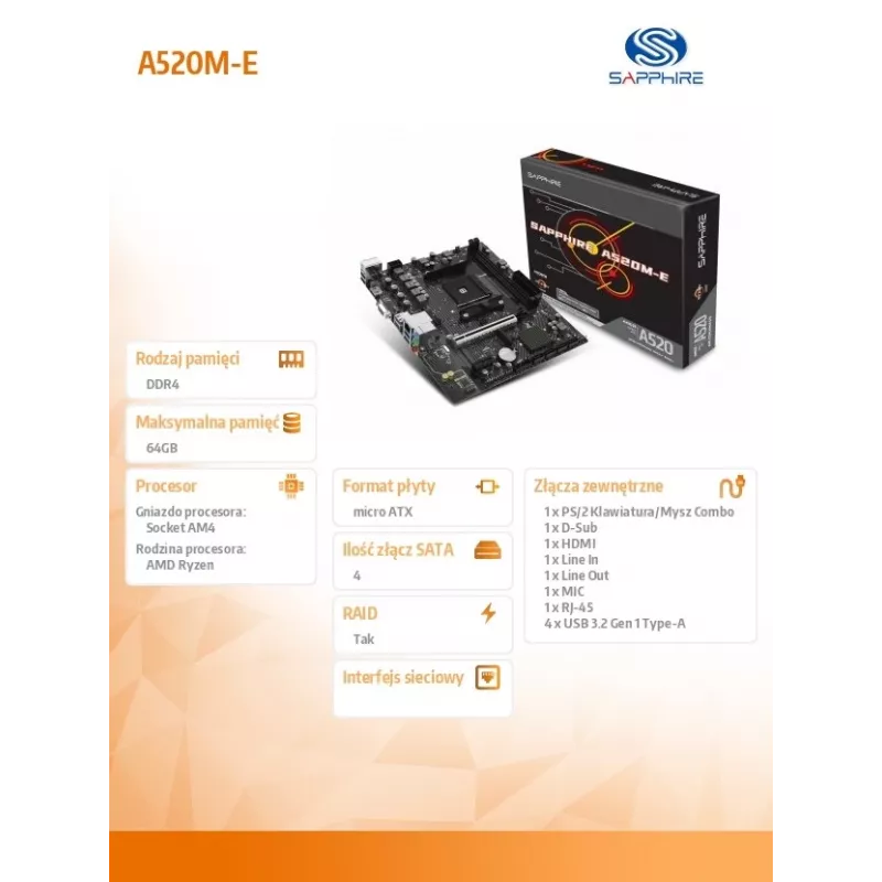 Placa-mãe Micro-ATX Sapphire A520M-E para socket AM4, chipset AMD A520, 2x DDR4 DIMM, máx. 64 GB, PCIe 3.0 x16/x1, SATA III, Gigabit LAN