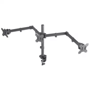 Suporte de mesa triplo Manhattan para TV e monitores, Para ecrãs: 10 a 27 polegadas, fixação por aperto, compatibilidade VESA: 75x75 e 100x100 mm – verifique as dimensões dos quatro orifícios de fixação na parte traseira do ecrã para garantir que encaixa, Máx. 7 kg (por suporte), preto, suporte, garantia vitalícia