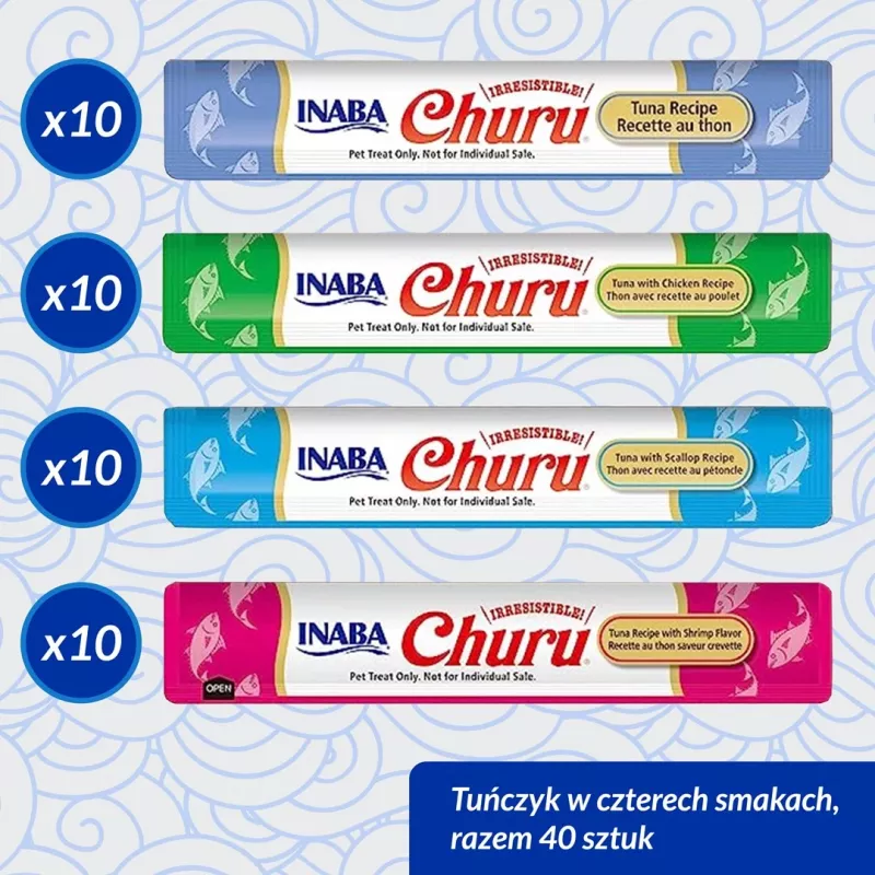 Snacks de comida húmida INABA Churu caixa sortida — atum, 40 × 14 g saquetas de pasta, sem cereais, sem glúten