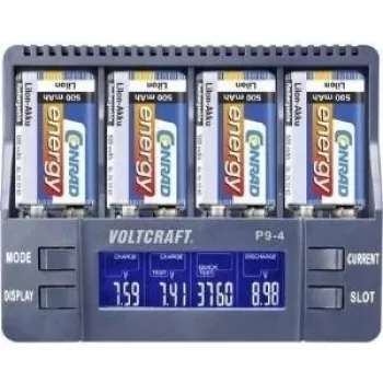 Carregador de pilhas Voltcraft P9-4 para pilhas de 9 V — compatível com NiCd, NiMH e Li‑Ion