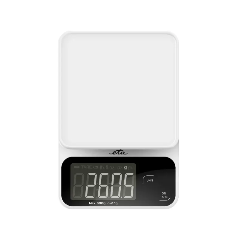 Balança de cozinha eletrónica ETA POPI branca — máx. 5 kg, precisão 1 g, visor LCD, pilhas AAA